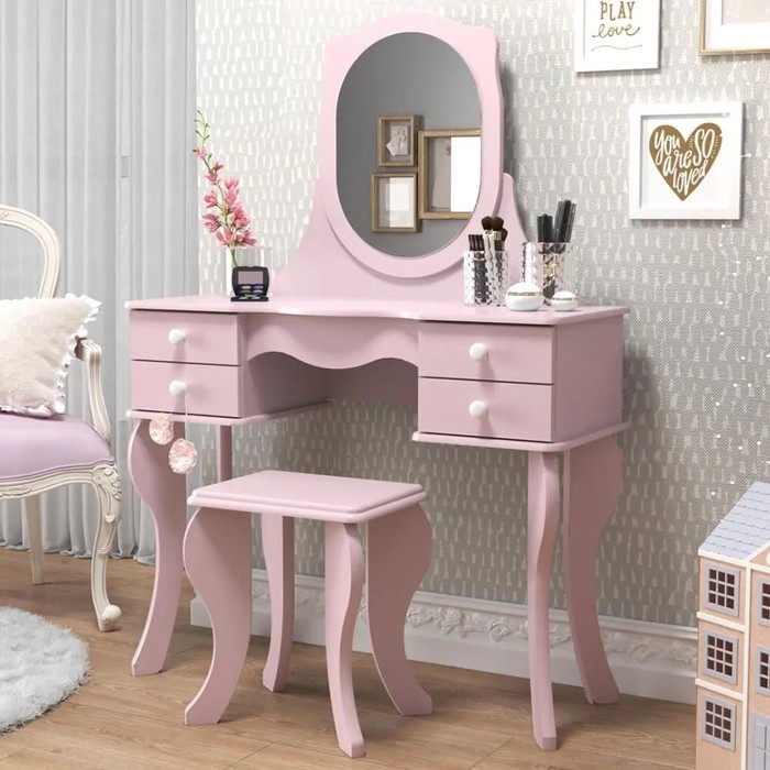 Penteadeira Princesa Patrimar com Espelho e 4 Gavetas – Rosa