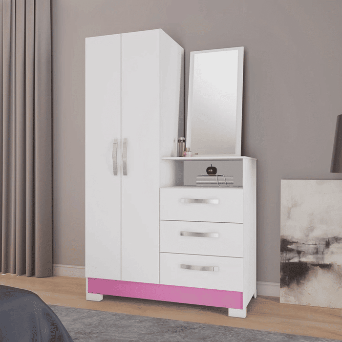 Cômoda para Quarto com Espelho 2 Portas 3 Gavetas Notável Móveis NT5165 Branco/Rosa