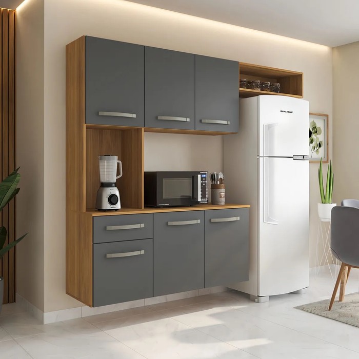 Cozinha Compacta Suspensa Completa Belíssima Freijo/Grafite - Fiorello