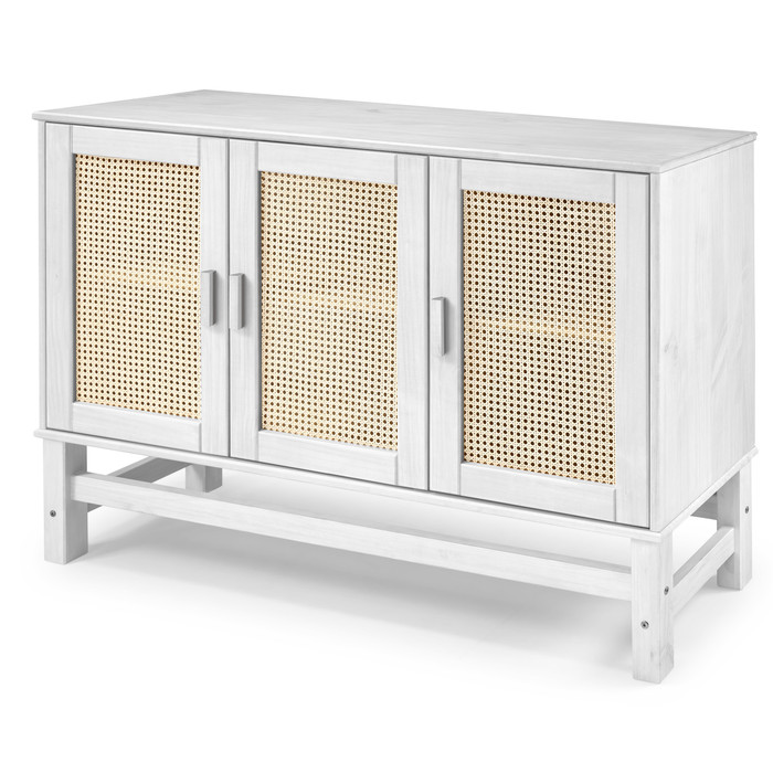 Balcão Buffet Nature em Madeira e Rattan Natural 03 Portas na Cor Branca 