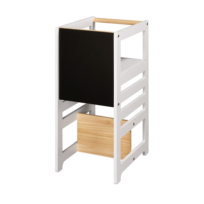 Torre de Aprendizagem Montessori 4 em 1 Branca Cadeirão Ajustável, Mesinha de Atividades, Quadro de Desenhos