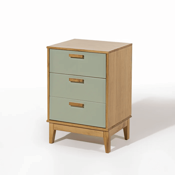 Mesa de Cabeceira Alamo em Madeira Natural + Verde 3 Gavetas Pequeno