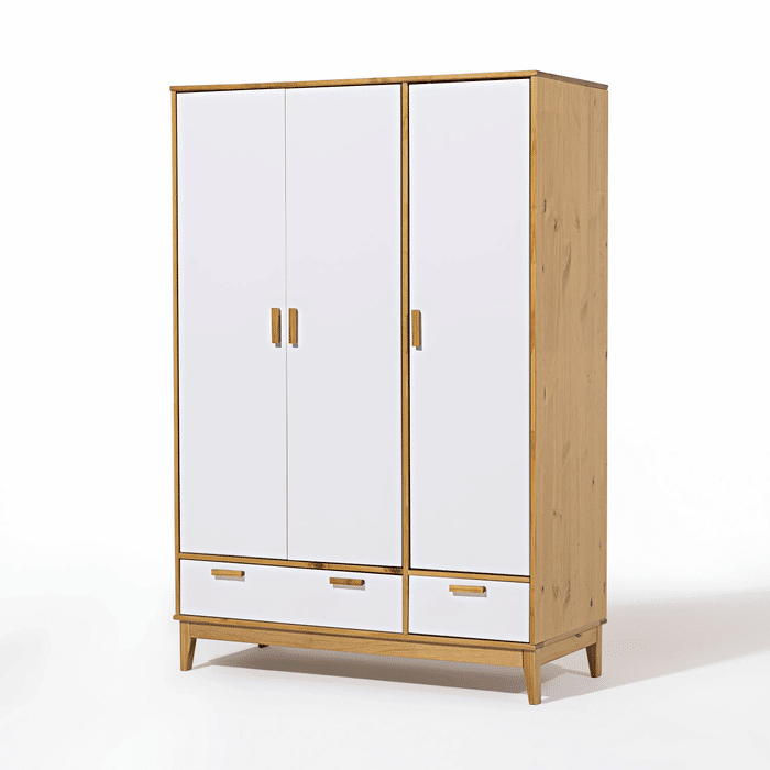 Roupeiro Alamo 3 Portas e 2 Gavetas em Madeira Natural + Branco