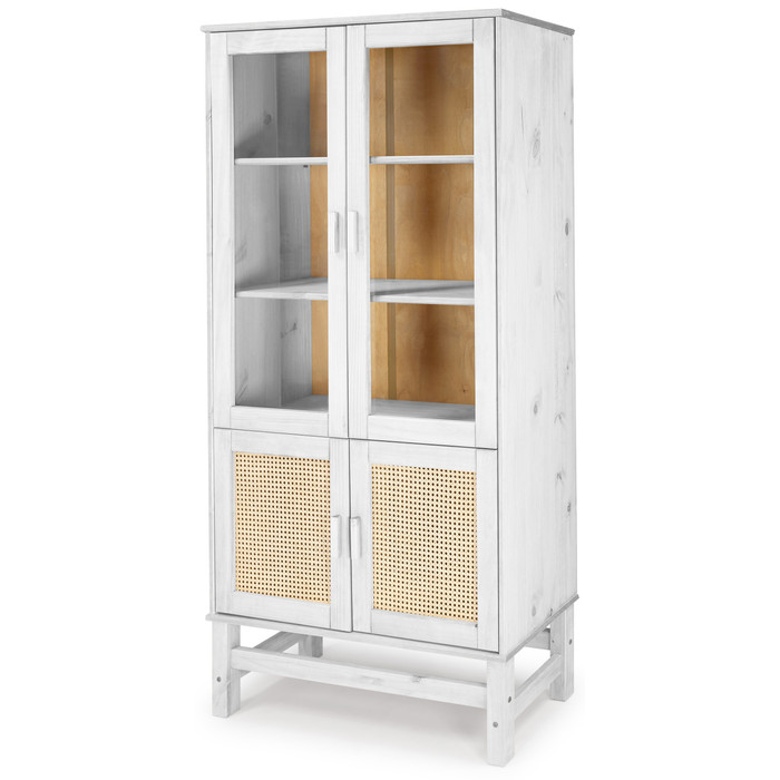 Cristaleira Nature em Madeira, Vidro e Rattan 04 Portas na Cor Branca