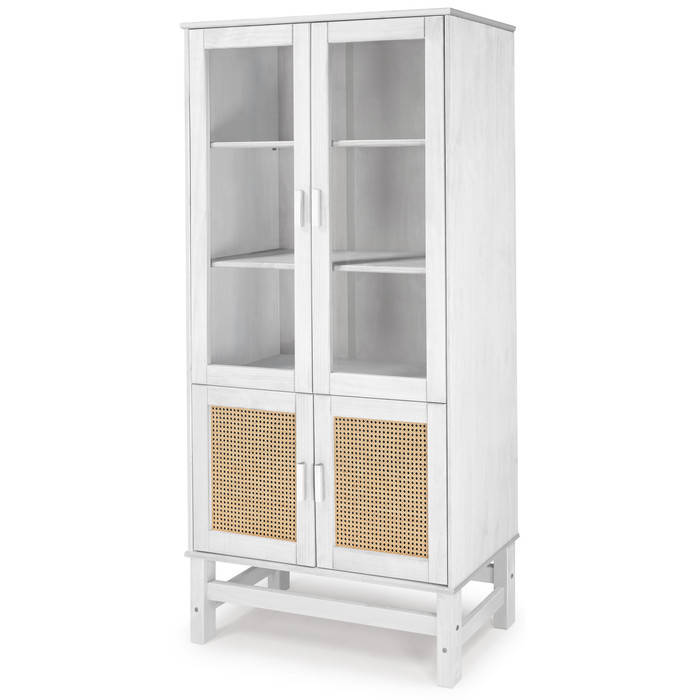 Cristaleira Nature em Madeira, Vidro e Rattan 04 Portas na Cor Branca