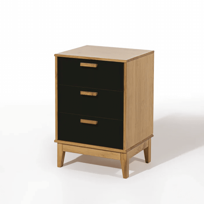 Mesa de Cabeceira Alamo em Madeira Natural + Preto 3 Gavetas Pequeno