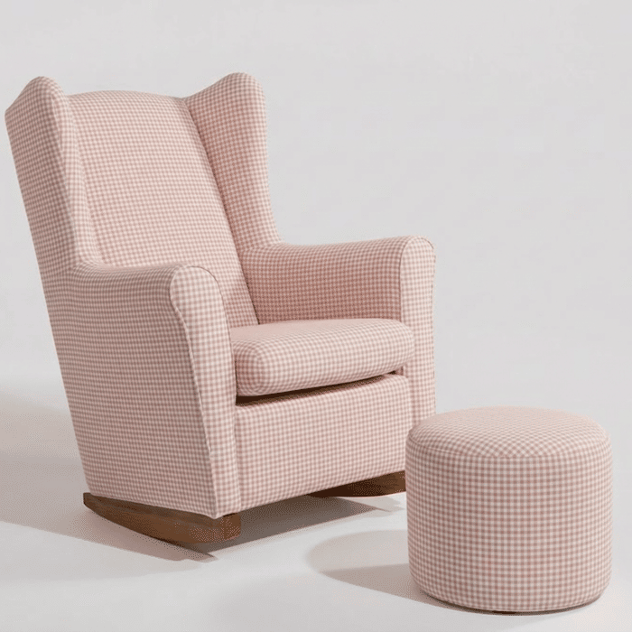 Poltrona de Amamentação Cloud com Balanço e Puff Xadrez Rosa