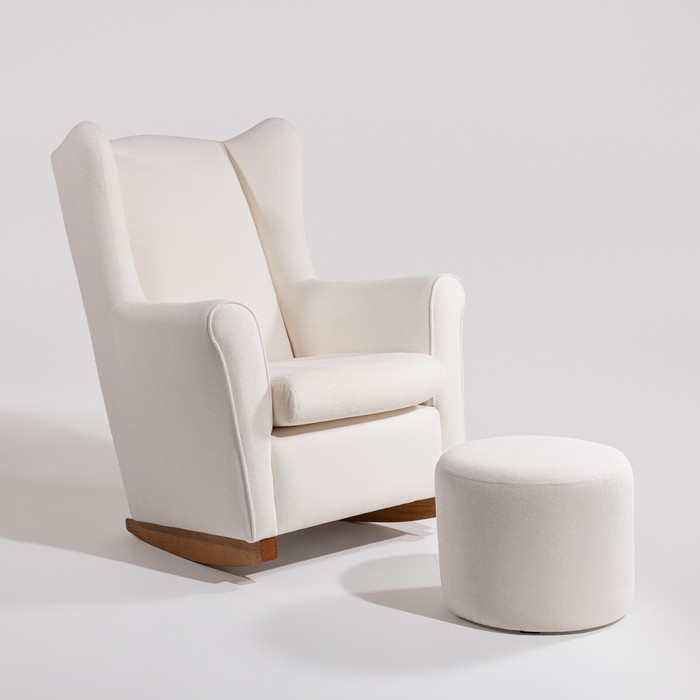 Poltrona de Amamentação Cloud com Balanço e Puff Bouclé Branco