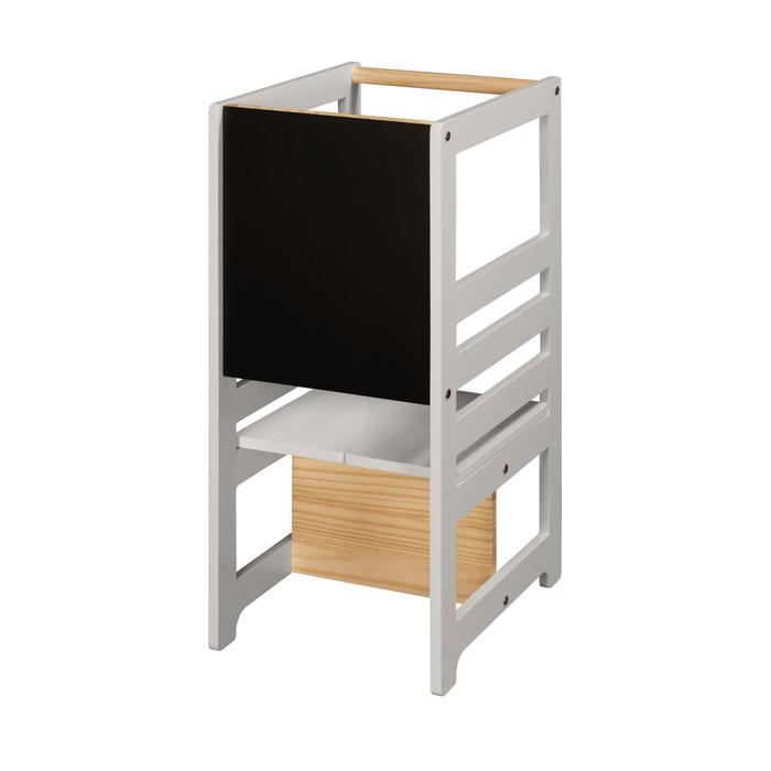 Torre de Aprendizagem Montessori 4 em 1 Cinza Cadeirão Ajustável, Mesinha de Atividades, Quadro de Desenhos