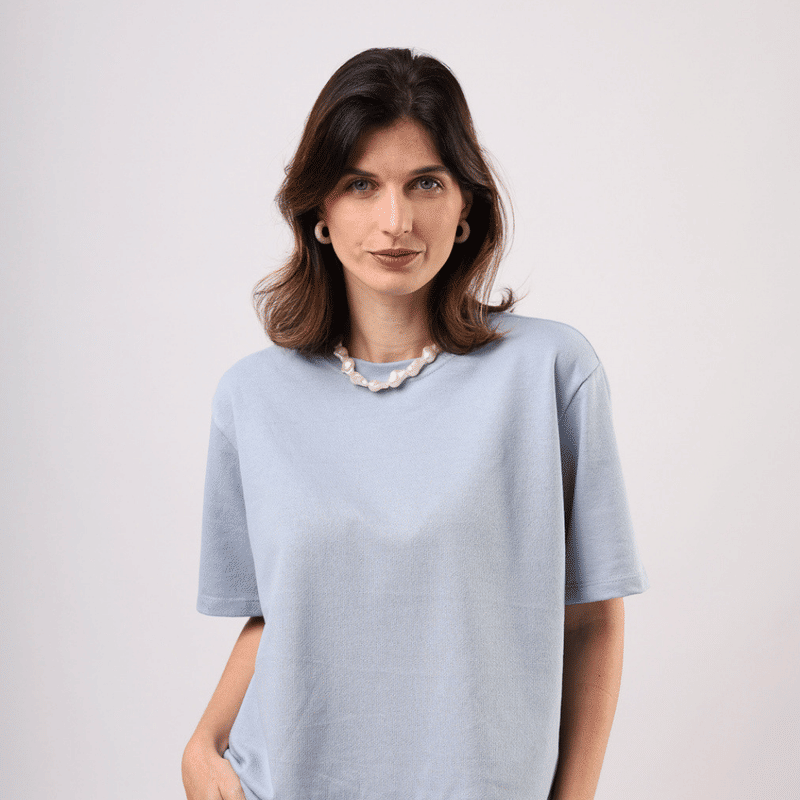 Conjunto Camiseta e Shorts 100% Algodão Easy Breezy Azul - look completo com sugestão de combinação