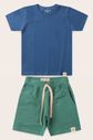 Conjunto Menino Camiseta Azul Anil e Bermuda Verde Folha