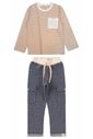 Conjunto Infantil Menino de Camiseta Longa e Calça Jogger - Listrado Off-Bege / Azul Jeans