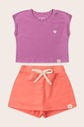 Conjunto Menina Blusa Manga Japonesa Lilás Lavanda e Shorts Saia Rosa Coral