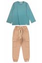 Conjunto Infantil Menino de Camiseta Longa e Calça Jogger - Verde Acqua / Bege Kraft