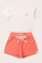 Conjunto Menina Blusa Box Manga Curta Off Natural e Shorts Rosa Coral Conjunto Menina Blusa Box Manga Curta Off Natural e Shorts Rosa Coral