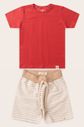 Conjunto Menino Camiseta Vermelho Cedro e Bermuda Listrado Off - Bege Conjunto Menino Camiseta Vermelho Cedro e Bermuda Listrado Off - Bege