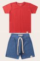 Conjunto Menino Camiseta Vermelho Cedro e Bermuda Azul Anil