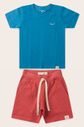 Conjunto Menino Camiseta Azul Turquesa e Bermuda Vermelho Cedro