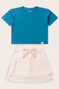 Conjunto Menina Blusa Box Manga Curta Azul Turquesa e Saia com Shorts Off Natural