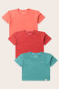 Combo 3 Blusas Box Menina Manga Curta - Rosa Coral - Vermelho Cedro - Verde Acqua Combo 3 Blusas Box Menina Manga Curta - Rosa Coral - Vermelho Cedro - Verde Acqua