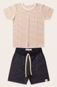 Conjunto Menino Camiseta Listrada Off - Bege e Bermuda Azul Índigo