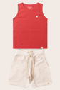Conjunto Menino Regata Vermelho Cedro e Bermuda Off Natural