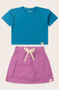 Conjunto Menina Blusa Box Manga Curta Azul Turquesa e Saia com Shorts Lilás Lavanda