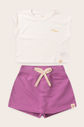 Conjunto Menina Blusa Manga Japonesa Off Natural e Shorts Saia Lilás Lavanda Conjunto Menina Blusa Manga Japonesa Off Natural e Shorts Saia Lilás Lavanda