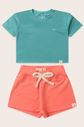 Conjunto Menina Blusa Box Manga Curta Verde Acqua e Shorts Rosa Coral Conjunto Menina Blusa Box Manga Curta Verde Acqua e Shorts Rosa Coral