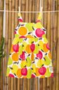 Vestido estampa de frutinhas com detalhe de amarração nas costas