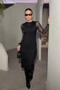 VESTIDO MIDI TULE MANGA LONGA - PRETO