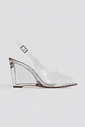 scarpin-anabela-feminina-vinil-prata-storm Scarpin Anabela Feminina Vinil Prata - Storm visto de lado, com salto anabela transparente esculpido e fivela ajustável