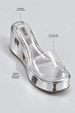 tamanco-flatform-feminino-tira-vinil-prata Infográfico do Adele - Tamanco Flatform Feminina Tira Vinil Prata destacando a palmilha acolchoada, a tira em vinil transparente e o solado flatform metalizado
