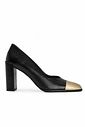 SCARPIN CAP TOE SALTO BLOCO THALIA PRETO/DOURADO