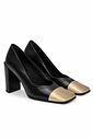 SCARPIN CAP TOE SALTO BLOCO THALIA PRETO/DOURADO