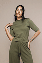 Blusa T-Shirt Manga 3/4 Com Ombreira Meia Malha de Algodão Verde