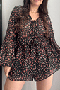Macaquinho vestido com manga longa em chiffon preto floral