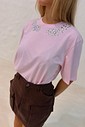 T-shirt Lais Cor Rosa Claro Aplique de Strass
