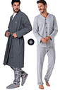 KIT PIJAMA AMERICANO LONGO DE ALGODÃO CINZA E ROBE DE SOFT CINZA KIT