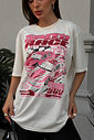 t shirt feminina oversized off white com estampa corrida em rosa e detalhe em glitter, modelagem ampla e caimento solto, camiseta de algodão moderna e confortável