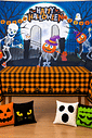 Kit Decoração Halloween Happy Halloween Xadrez Laranja com Painel, Toalha e Almofadas Kit Decoração Halloween Happy Halloween Xadrez Laranja com Painel, Toalha e Almofadas