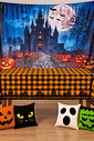 Kit Decoração Halloween Castelo e Abóboras com Painel, Toalha e Almofadas Kit Decoração Halloween Castelo e Abóboras com Painel, Toalha e Almofadas