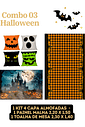 Combo Halloween (Painel + Kit 4 Capa Almofadas + Toalha de Mesa) CASTELO E ABÓBORAS