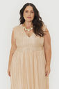Vestido Plissado Midi Vênus Champagne
