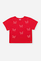 Blusa Infantil Boxy com Borboletas e Strass – Camiseta Menina em Meia Malha Verão VERMELHO MARTE