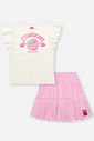 Conjunto Infantil com Blusa em Cotton e Saia Shorts com Tule Foil – Look Menina Verão com Morango e NATURAL/RS IOGURTE