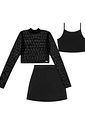 Conjunto Teen Feminimo Blusa Cropped Com Strass, Top E Saia Preto Dway