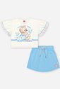 Conjunto Infantil com Blusa 100% Algodão e Shorts Saia em Moletinho – Look Menina Verão com Strass NATURAL/AZ PORCELANA