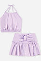 Conjunto Infantil Regata Cropped e Short Lilás com Laço e Strass