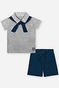 Conjunto Infantil Esportivo Clássico com Camisa Polo Lenço e Bermuda em Moletom Piquet MESCLA MEDIO/AZ MARINHO